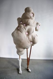 Aly Aitken, Soft and Silent Stain, 2018, concrete, timber, paint, pantyhose, found objects, 155 x 38 x 28 cm