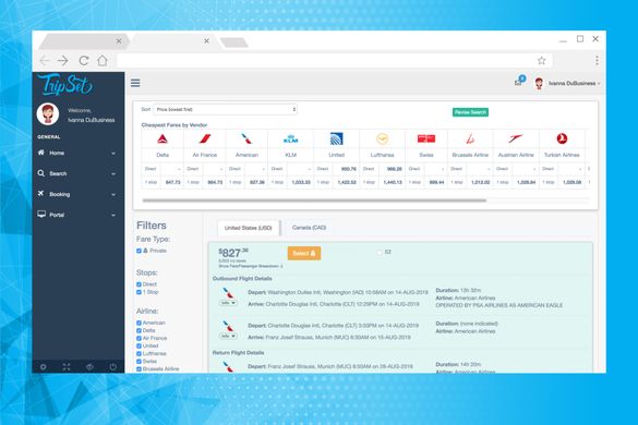 Sample TripSet airfare search results