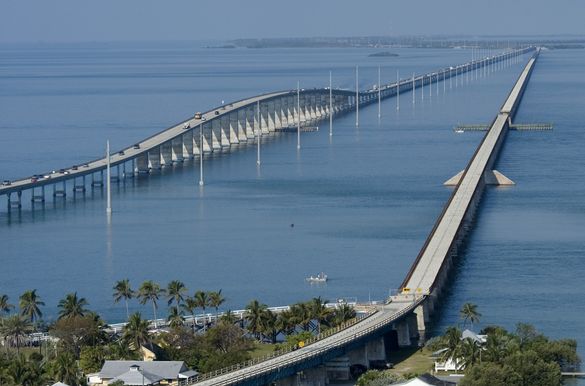 The historic old Seven Mile Bridge near Marathon, Fla., is shown at right, cutting through Pigeon Key. Photo by Andy Newman