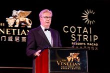 Edward Tracy, President and Chief Executive Officer of Sands China Ltd. addresses dinner guests at The Venetian Macao Saturday n
