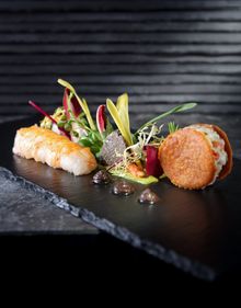 Crab Cookies with Roasted Langoustine, Veal Trotter