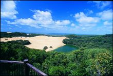 Emerald-green Lake Wabby, nestling between the forest and Hammerstone Sand Blow is a top spot for swimming  on K'gari. 