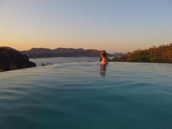 WAs best jobs winner Taste Master Rich Keam in the infinity pool at Lake Argyle Resort in WAs North West