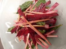 Beet slaw w peeled broccoli stalks & leaves
