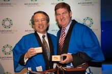 Takashi Ueda, President of Sanoyas Holdings Corporation, amd Peter Ryan, Deputy Premier of Victoria, at Melbourne Star\'s cere