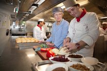 Mary Berry, in the kitchen of her very own ship the Alsvin, with the Viking Cruises chefs