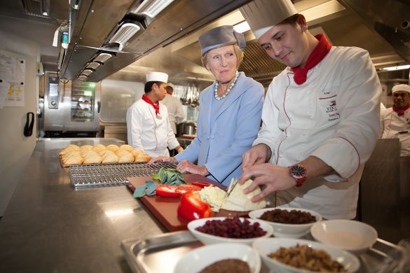 Mary Berry, in the kitchen of her very own ship the Alsvin, with the Viking Cruises chefs