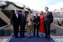 Pictured left to right: Rudi Schreiner, president and co-founder of AmaWaterways; Hugo Bastos, managing director, nautical of Douro Azul; Julia Lo Bue-Said, godmother of AmaDouro; Captain Pedro Sardo; Kristin Karst, executive vice president and co-founder