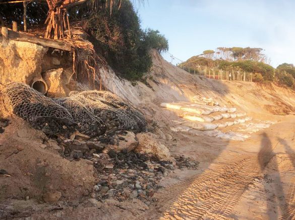 Sandbagging has started at Clarkes Beach where significant erosion has occured Sandbagging has started at Clarkes Beach where significant erosion has occured