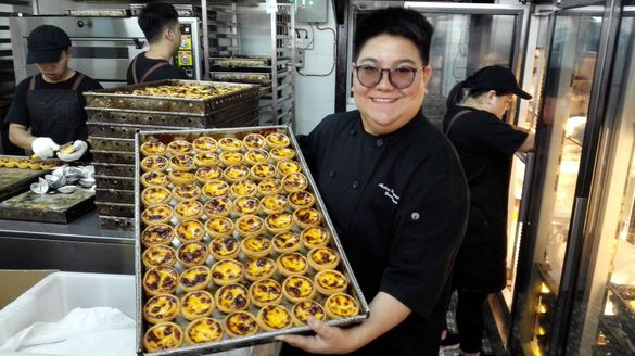 Audrey Stow with the world famous Portuguese style egg tarts in Macao