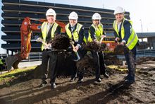Caption (l-r) Simon McGrath - Accor Pacific Chief Operating Officer,  Linc Horton - Melbourne Airport’s Chief of Property, Victorian Tourism Minister Martin Pakula and Ross Walker - Built Director Vic & SA. External Render of the new Novotel and ibis Styl