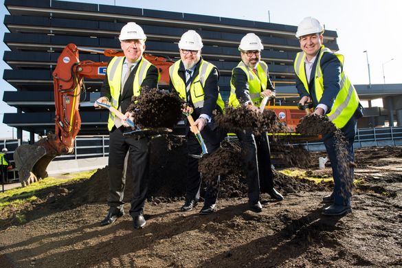 Caption (l-r) Simon McGrath - Accor Pacific Chief Operating Officer,  Linc Horton - Melbourne Airport’s Chief of Property, Victorian Tourism Minister Martin Pakula and Ross Walker - Built Director Vic & SA. External Render of the new Novotel and ibis Styl