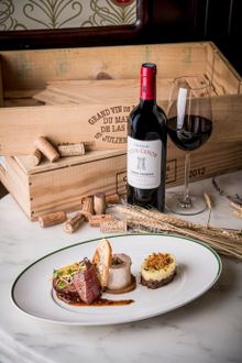 Roasted US beef tenderloin and bone marrow, beef check parmentier and Bordelaise sauce