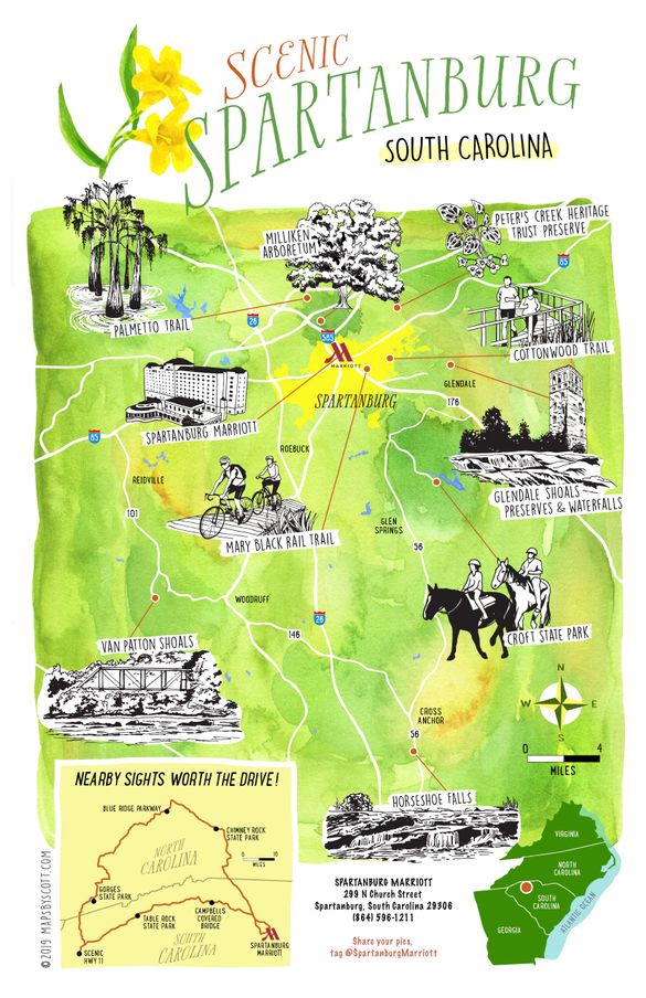 Scenic spots worth the drive near Spartanburg Marriott in Spartanburg, SC - Map by Scott Schiller