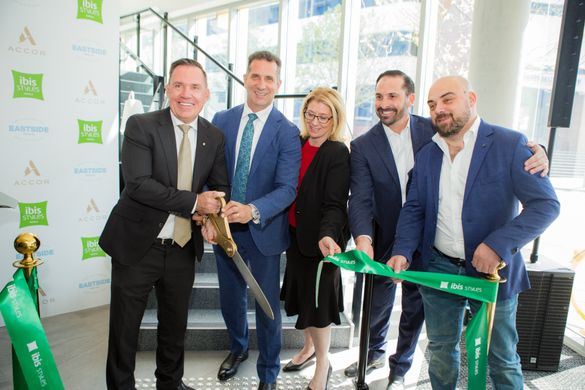 The ibis Styles East Perth ribbon-cutting ceremony with Simon  McGrath, COO Accor Pacific; Hon Paul Papalia Minister for Tourism (WA);  Hon Rita Saffioti, Minister for Transport and Planning (WA); and  Phil Re and Victor Hawkins of Rehawk Property Group 