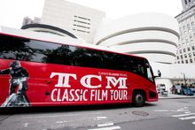 TCM Classic Film bus tour driving past the Guggenheim Museum - featured in Woody Allen's Manhattan