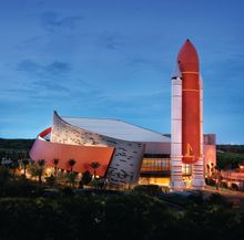 The entrance to the new 0 million Space Shuttle AtlantisSM attraction at Kennedy Space Center Visitor Complex is marked by a 