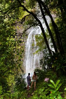 Couple enjoying Wailua falls, Hana Maui