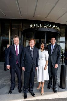: l-r Vicinity Centres CEO and Managing Director Grant Kelley; Mr John Gandel AC; Victorian Minister for Suburban Development, The Hon. Marlene Kairouz MP; Chairman & CEO, Accor Asia Pacific, Michael Issenberg.