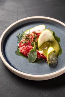 Newlyn lobster, nettle gazpacho, elderflower jelly, Granny Smith apple