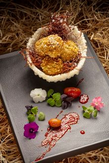 Junglee Khumb Kebab – assorted wild mushrooms, amul cheese, apricot, enoki mushroom crisp.