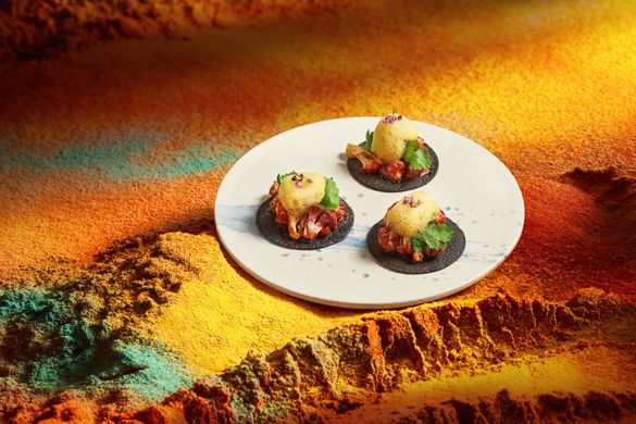 NOBU Nikkei Peruvian Experience (Winter Andes Mountain Menu) - ROASTED CAULIFLOWER TACOS -Spicy Yuzu foam, Aji Limo and Avocado (h)