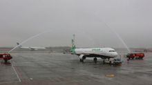 Taoyuan International Airport Corp. prepares water cannon salute to celebrate EVA’s Taipei-Da Nang inaugural flight.