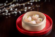 Steamed shrimp dumplings, bird’s nest, asparagus, gold leaf