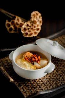 Whole conpoy dumpling, fish maw, sea cucumber, cordyceps flowers, supreme soup