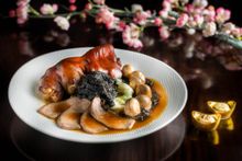 Stewed pig’s knuckle, pig’s tongue, fresh mushrooms, sea moss, lettuce, abalone sauce