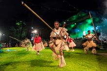 Torres Strait Islanders perform traditional dance at the Cairns Indigenous Art Fair.