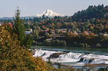 View of Willamette Falls and Mt. Hood in Oregon