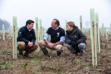 Landowner Ben Jackson with Steppes Travel MD Justin Wateridge and Woodland Trust Senior Outreach Manager Sian Atkinson 