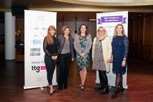 Keynote speaker Eliza Reid, First Lady of Iceland, takes centre stage with (left to right): Oddný Arnarsdóttir, Promote Iceland; Alessandra Alonso, Women in Travel; Jo Philips, Carnival UK; and Maria Reynisdottir, Department of Tourism, Iceland.