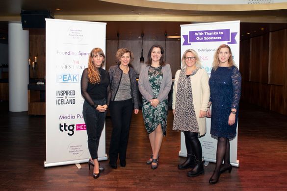Keynote speaker Eliza Reid, First Lady of Iceland, takes centre stage with (left to right): Oddný Arnarsdóttir, Promote Iceland; Alessandra Alonso, Women in Travel; Jo Philips, Carnival UK; and Maria Reynisdottir, Department of Tourism, Iceland.
