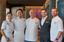 NOBU InterContinental Hong Kong - Left to Right: Pastry Chef Joanna Yuen, Exec. Sushi Chef Satoru Hashimoto, Nobu Matsuhisa, Restaurant Manager Matias Bernasconi, Exec Chef Rhys Cattermoul