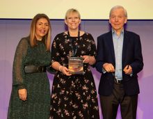 Rachael Jackson, Fred. Olsen Cruise Lines' Public Relations Manager (centre), receives the 'PR Campaign of the Year' award at the inaugural 'TravMedia Awards 2020' from John Humphrys, TV broadcaster / journalist and Louise Napier of TravMedia.     
