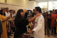 Stasshani Jayawardena - Aitken Spence PLC Director, Head of Tourism and Leisure, and Chairperson of Aitken Spence Hotels Management greeting Chef Dimuthu and the team upon their return to Bandaranaike Airport.
