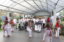 A traditional welcome was waiting for the champions.