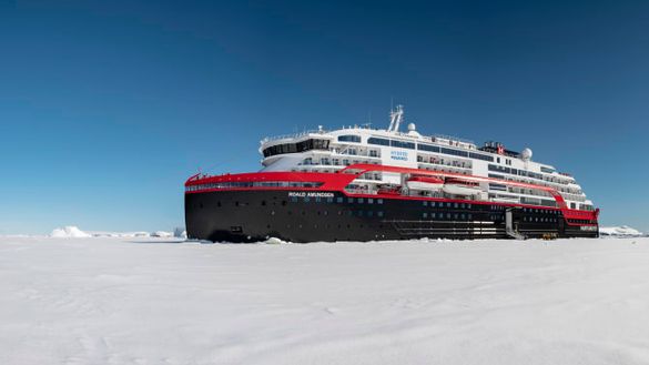 The world's first hybrid powered ship, the MS Roald Amundsen, in Antarctica
