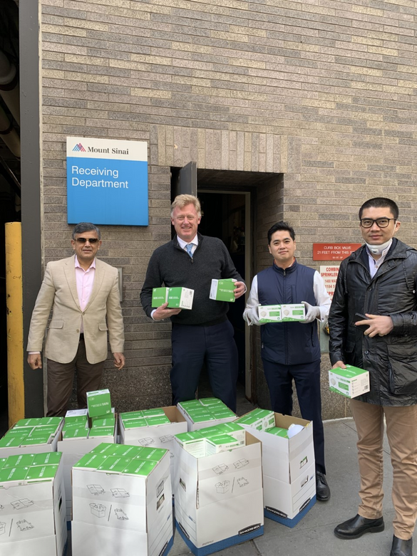 The Hotel Association of New York City Foundation donated 5,000 N95 masks to Mount Sinai Hospital in Manhattan. Pictured are Hotel Association of New York City President and CEO Vijay Dandapani, HANYC Foundation Chairman and Managing Director of Baccarat 