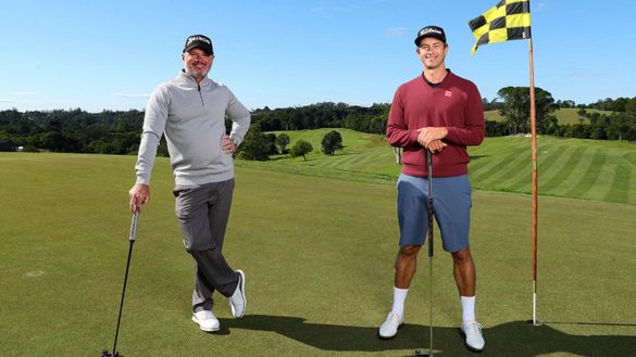 Maleny Golf Club Pro Wayne Perske with Adam Scott after playing 9 holes at the Maleny Golf Club