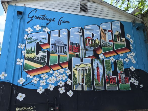 Greetings from Chapel Hill Postcard Mural in downtown Chapel Hill, NC