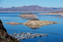 The Lake Mead Marina and Rock Island is seen from the Historic Railroad Trail 