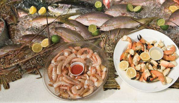 Popular Florida Keys  seafood fare includes Florida lobster, Key West Pink Shrimp, stone crab claws and yellowtail snapper.
