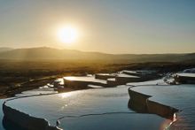 Sunset at Hot Spring Terraces in Pamukkale, Anatolia, Turkey 