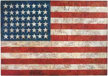 Flag, 1954-55, by Jasper Johns. Encaustic, oil, and collage on fabric mounted on wood (3 panels), 41.25 X 60.75 in. (104.8 x 154.3 cm). The Museum of Modern Art, New York, NY; Gift of Philip Johnson in honour of Alfred H. Barr, Jr. © Jasper Johns / Licens