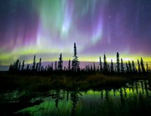 The Aurora Borealis over a lake near Fairbanks, Alaska.