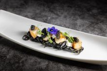 Squid Ink Linguine with Scallops, Cottage Cheese, Caviar