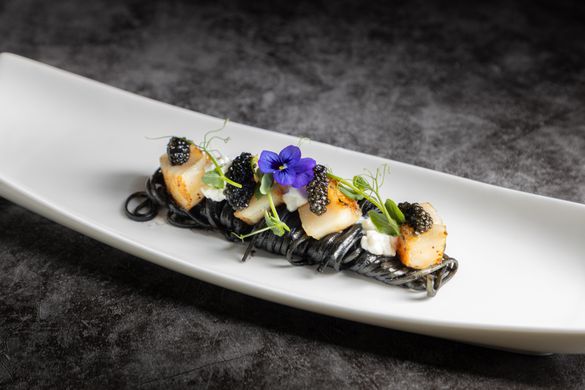 Squid Ink Linguine with Scallops, Cottage Cheese, Caviar